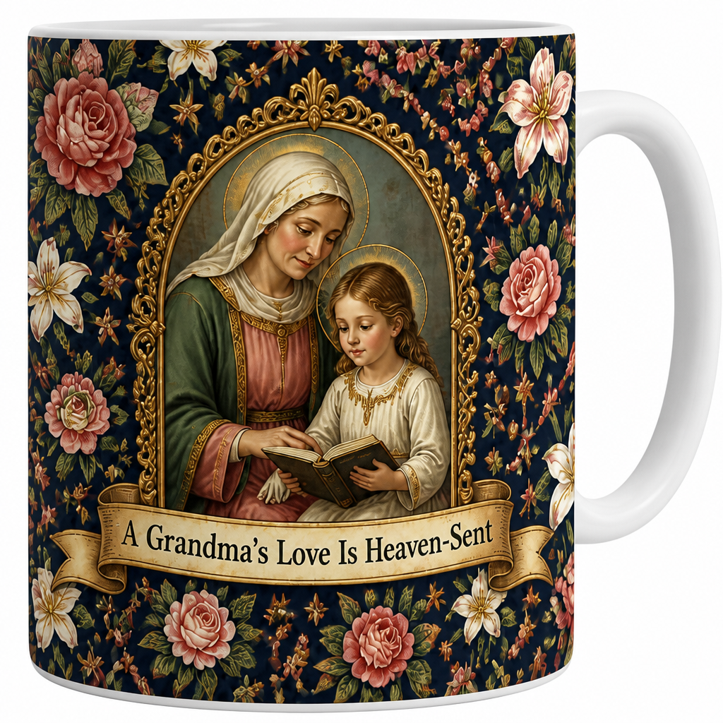 Saint Anne's Rose Garden Ceramic Mug - Christian Coffee Mug, detail view