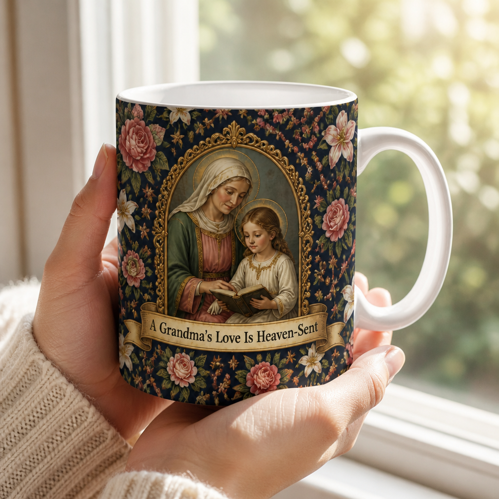 Saint Anne's Rose Garden Ceramic Mug - Christian Coffee Mug, styled in the home