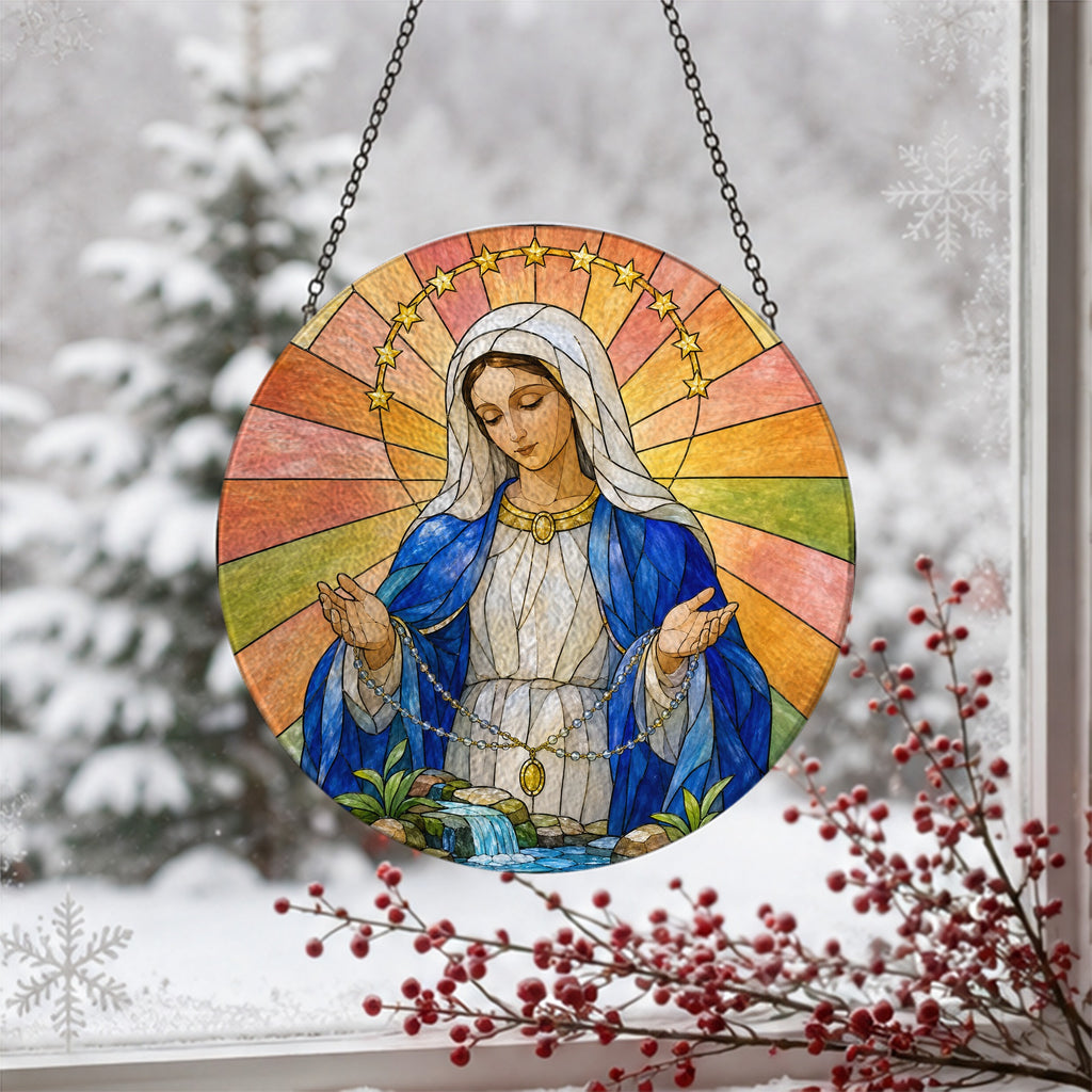 Salve Regina Glass Suncatcher - Catholic Suncatcher, detail view