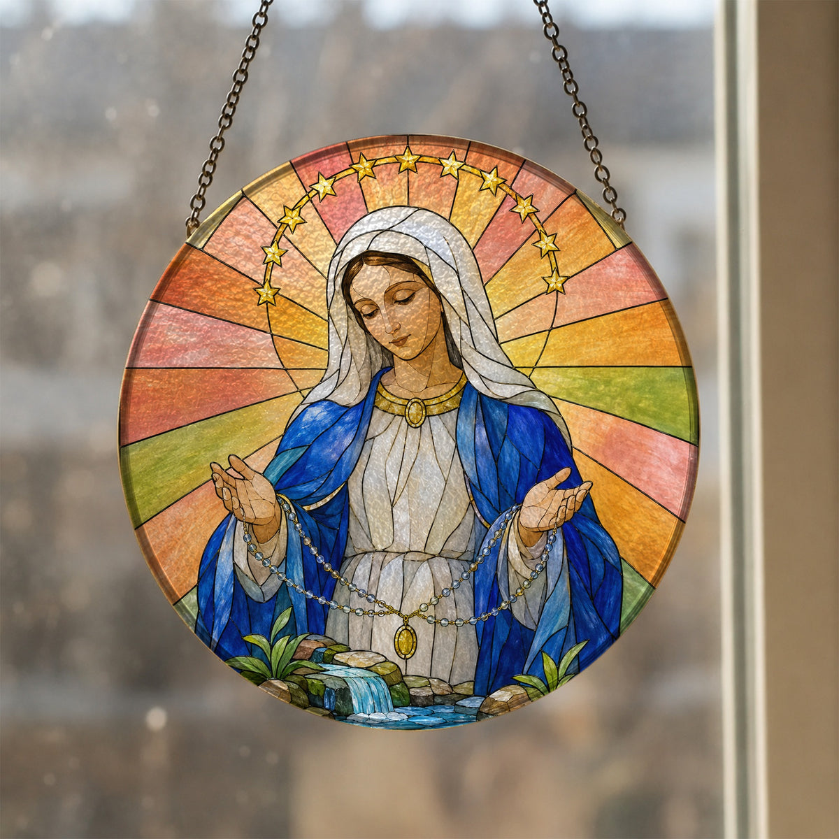 Salve Regina Glass Suncatcher - Catholic Suncatcher, styled in the home