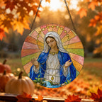 Salve Regina Glass Suncatcher - Catholic Suncatcher, hanging display