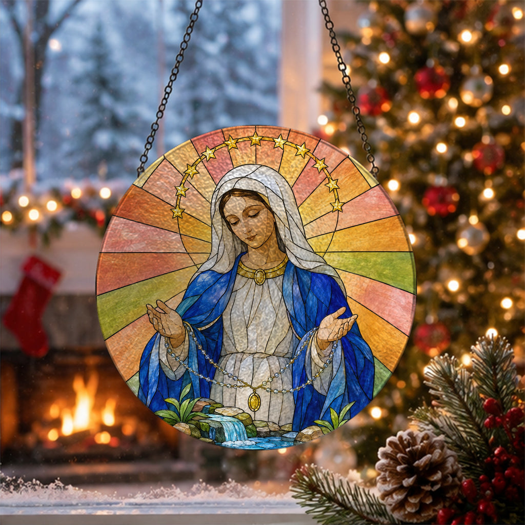 Salve Regina Glass Suncatcher - Catholic Suncatcher, close-up of the print