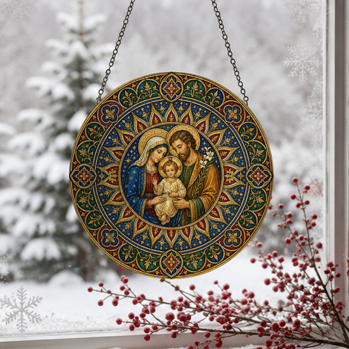 Sancta Familia Glass Suncatcher - Catholic Suncatcher, detail view