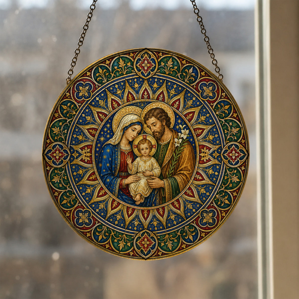 Sancta Familia Glass Suncatcher - Catholic Suncatcher, styled in the home