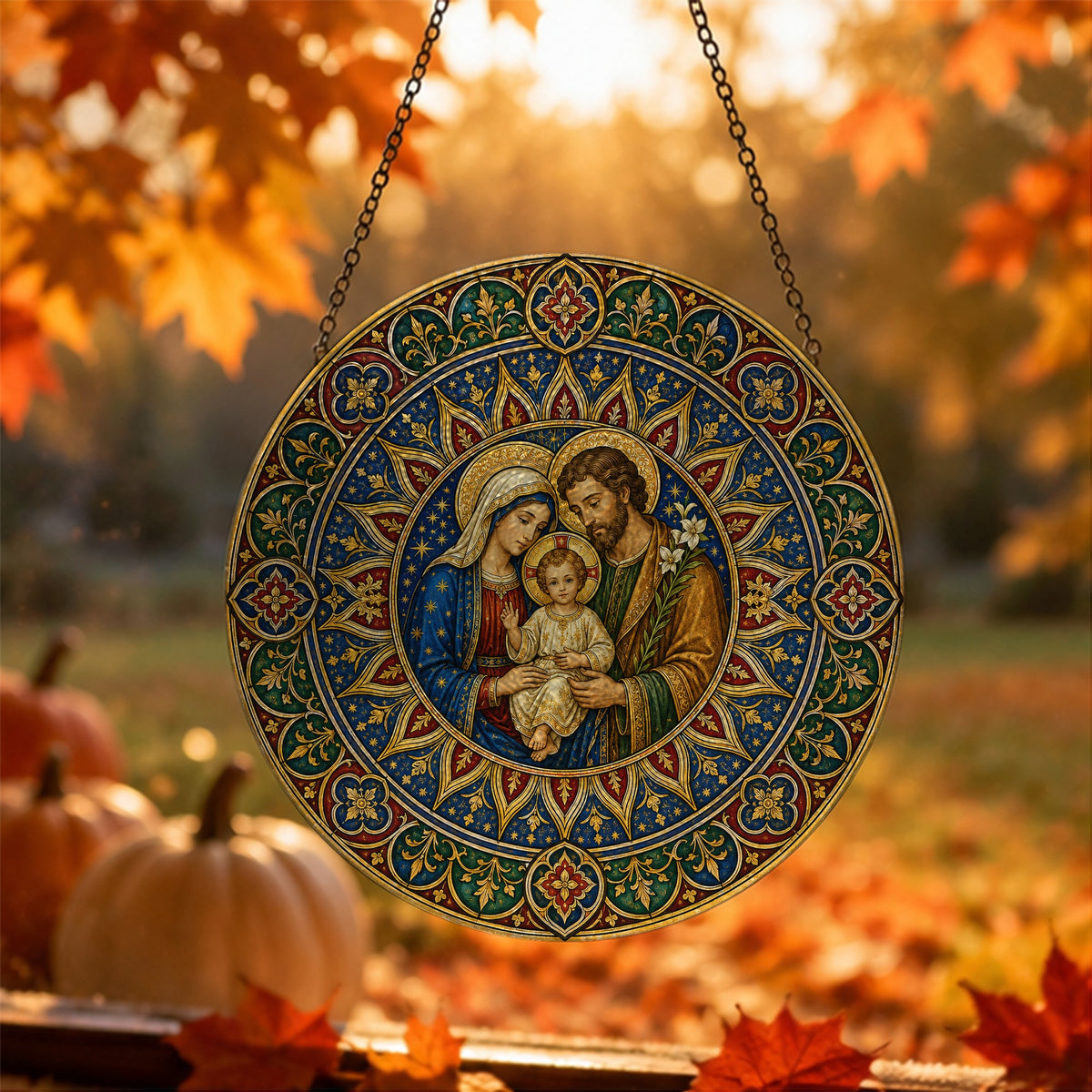 Sancta Familia Glass Suncatcher - Catholic Suncatcher, hanging display