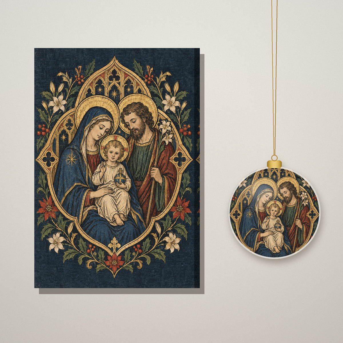 Sancta Familia II Ceramic Ornament - Catholic Christmas Ornament, styled in the home