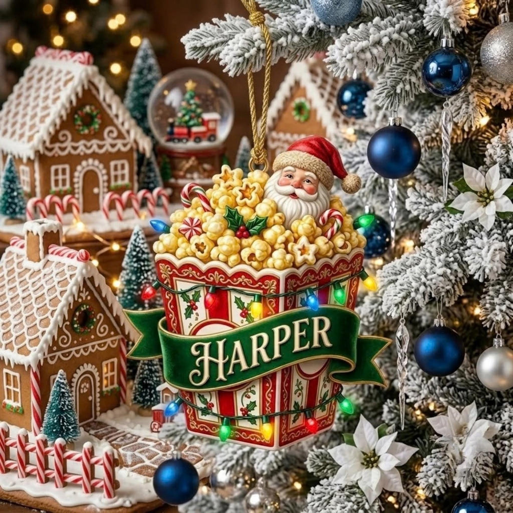 Santa Christmas Popcorn Bucket Holiday Acrylic Ornament - Acrylic Christmas Ornament, detail view
