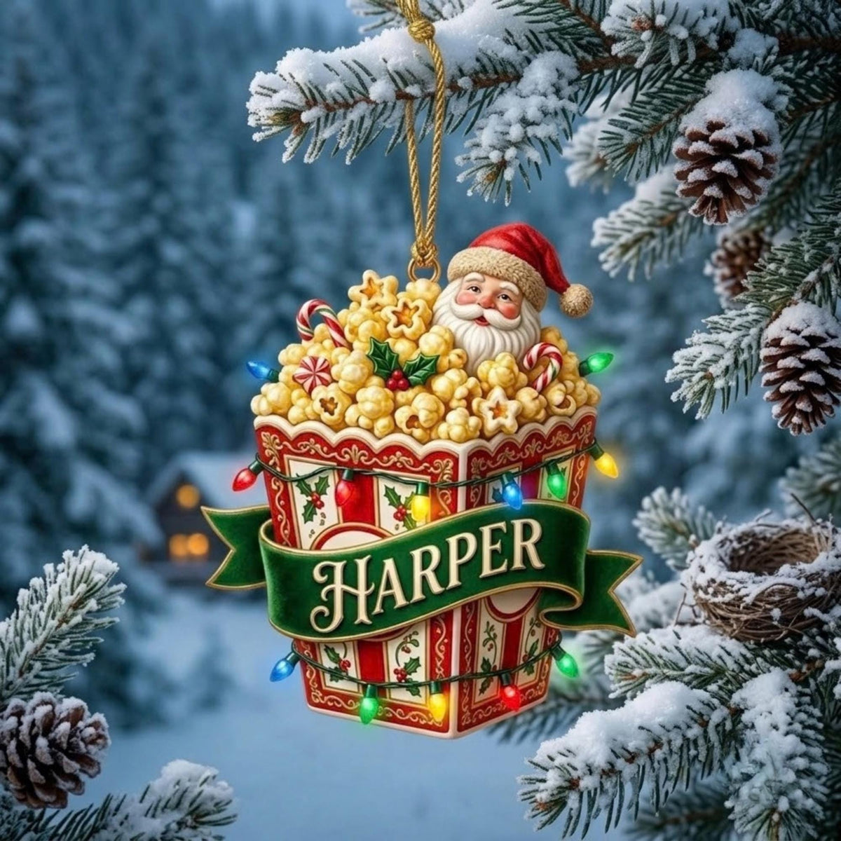 Santa Christmas Popcorn Bucket Holiday Acrylic Ornament - Acrylic Christmas Ornament, styled in the home