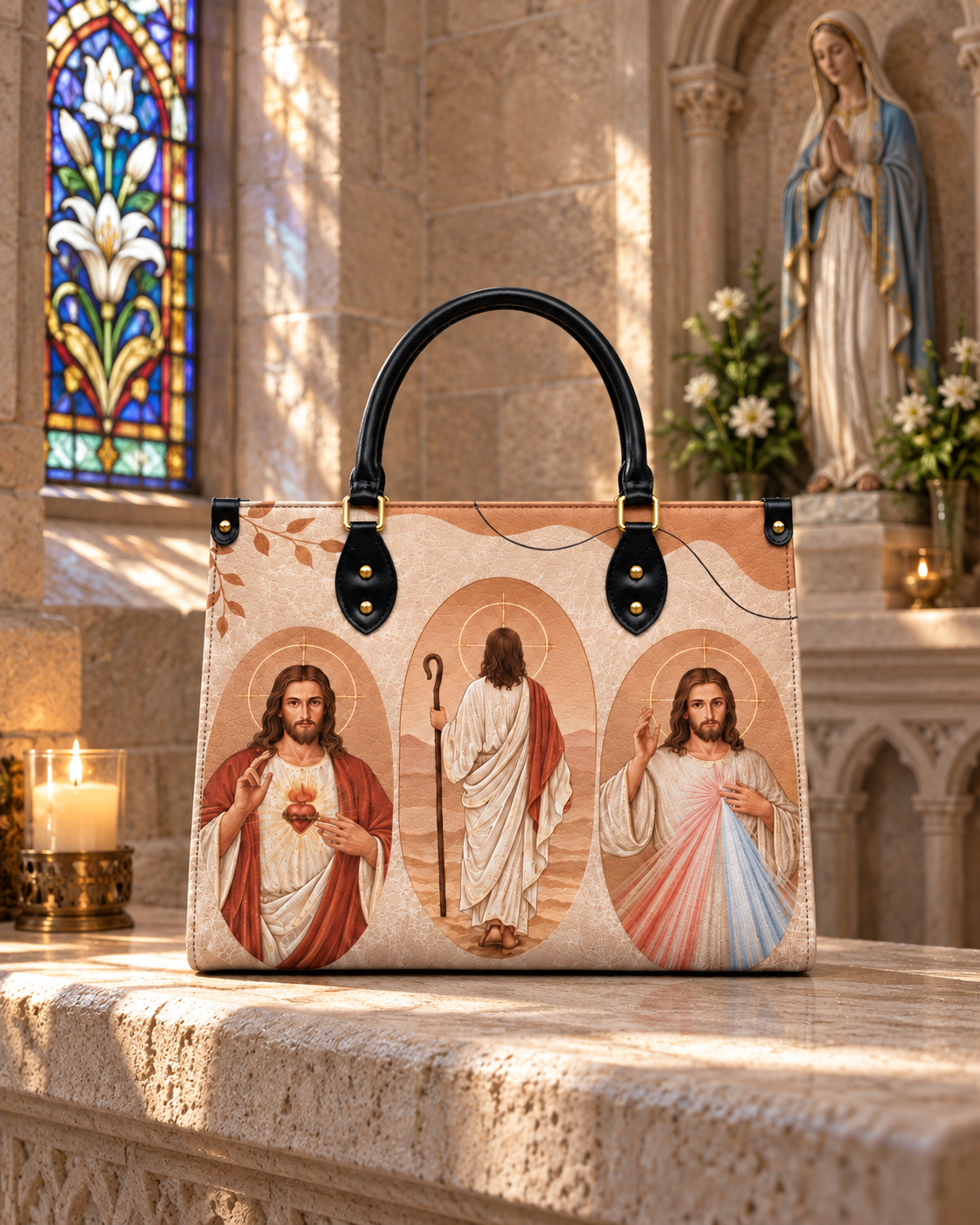 Savior Leather Handbag - Christian Handbag, hanging display