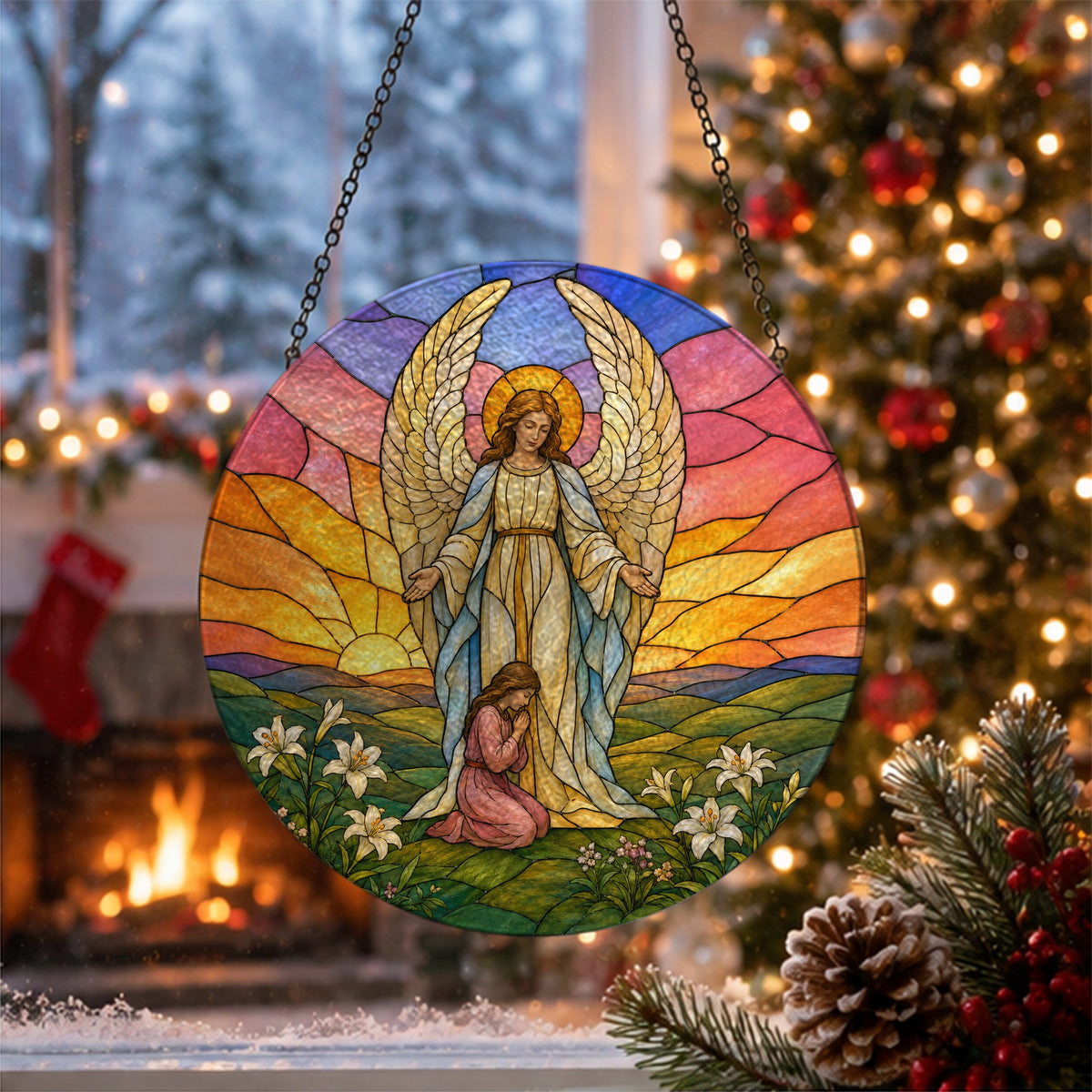 Scutum Fidei Glass Suncatcher - Catholic Suncatcher, close-up of the print