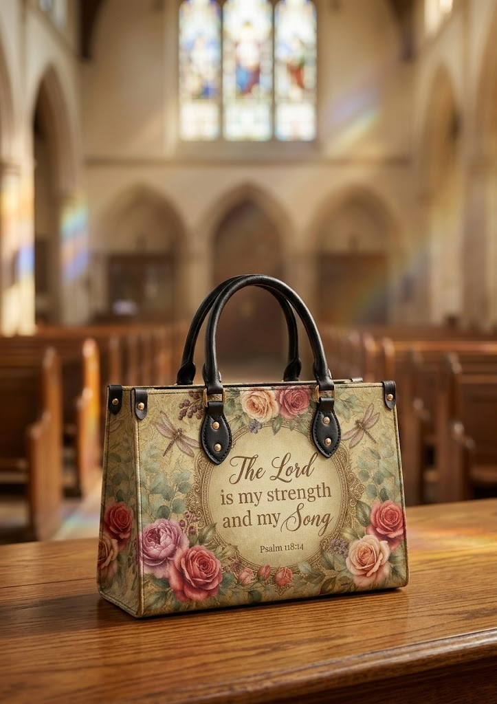Serenity PU Leather Handbag - Christian Handbag, close-up of the print