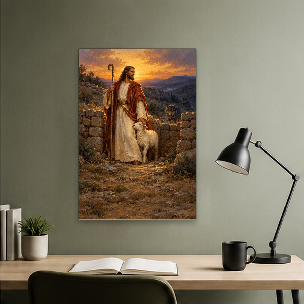 Shield of the Flock Canvas Wall Art - Catholic Wall Art, close-up of the print