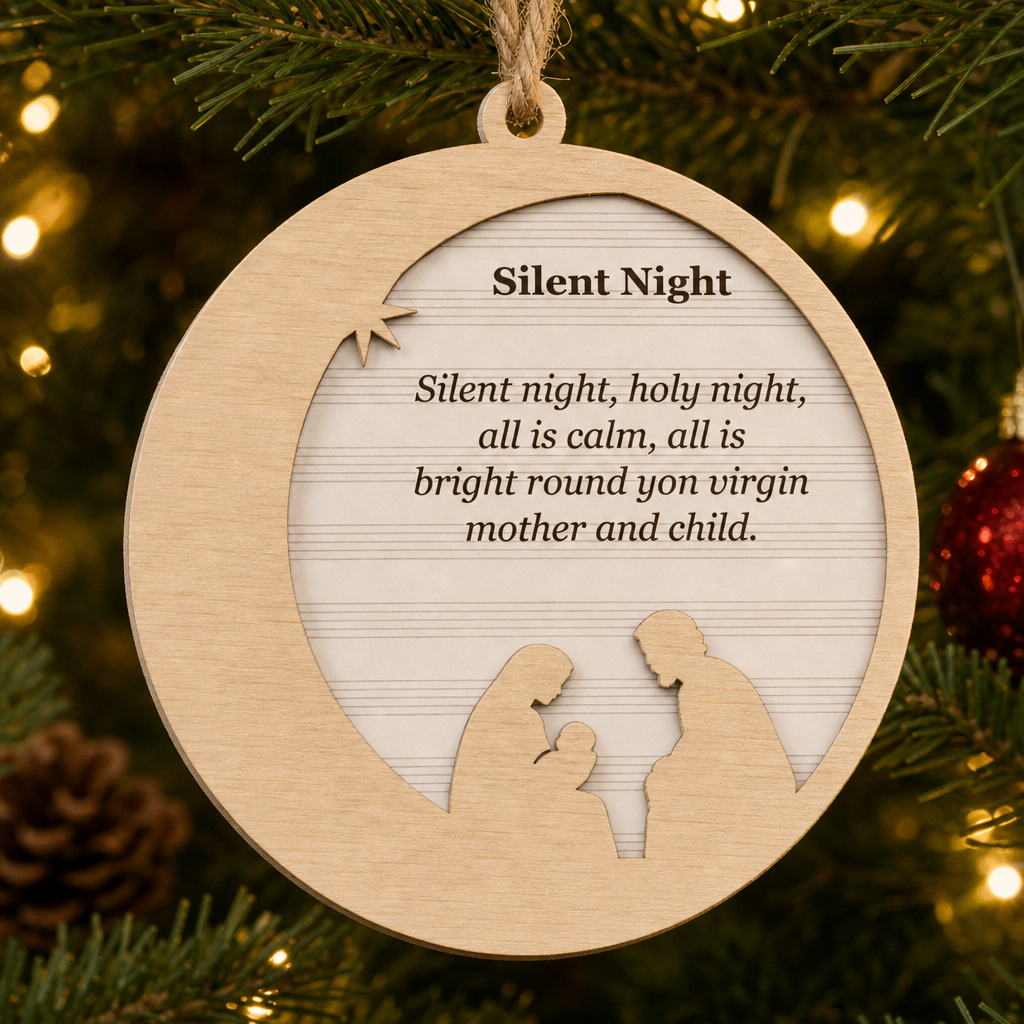 Silent Night Crescent Moon 2-Layer Wooden Ornament - Wooden Christmas Ornament, front view