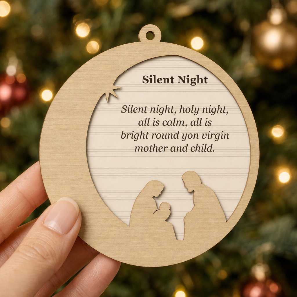 Silent Night Crescent Moon 2-Layer Wooden Ornament - Wooden Christmas Ornament, detail view