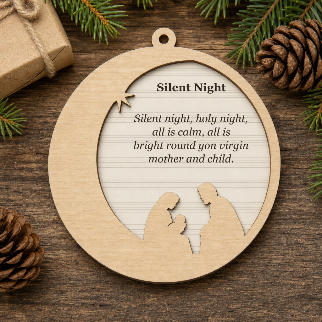 Silent Night Crescent Moon 2-Layer Wooden Ornament - Wooden Christmas Ornament, styled in the home