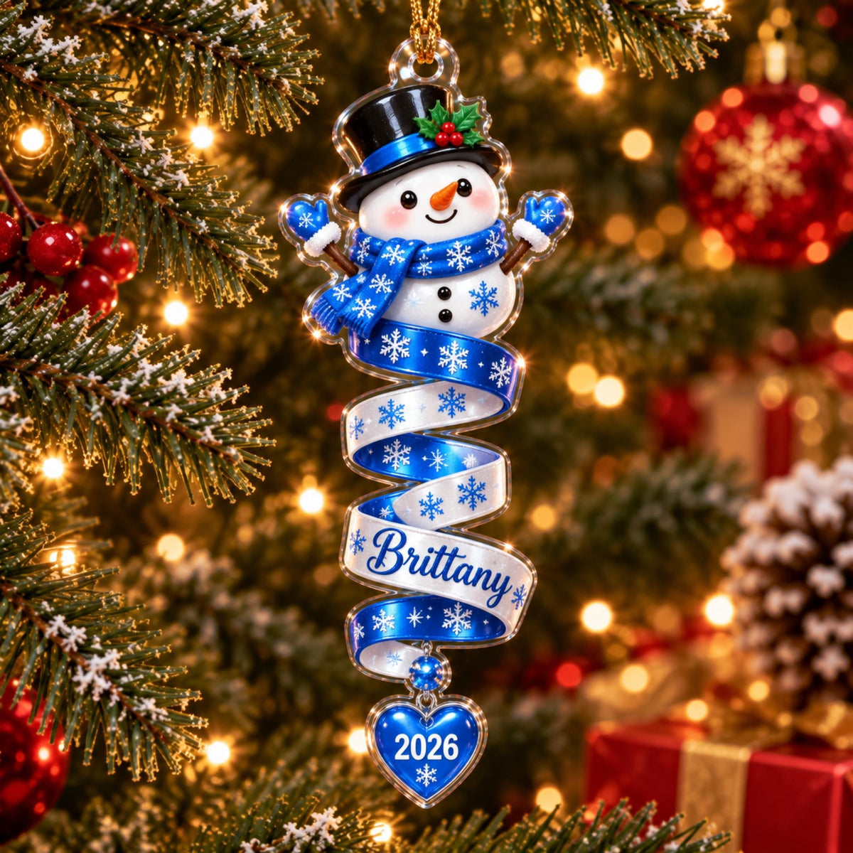 Snowman Blue Spiral Ribbon Heart Acrylic Ornament - Acrylic Christmas Ornament, front view