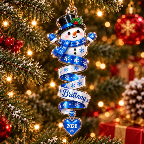 Snowman Blue Spiral Ribbon Heart Acrylic Ornament - Acrylic Christmas Ornament, front view