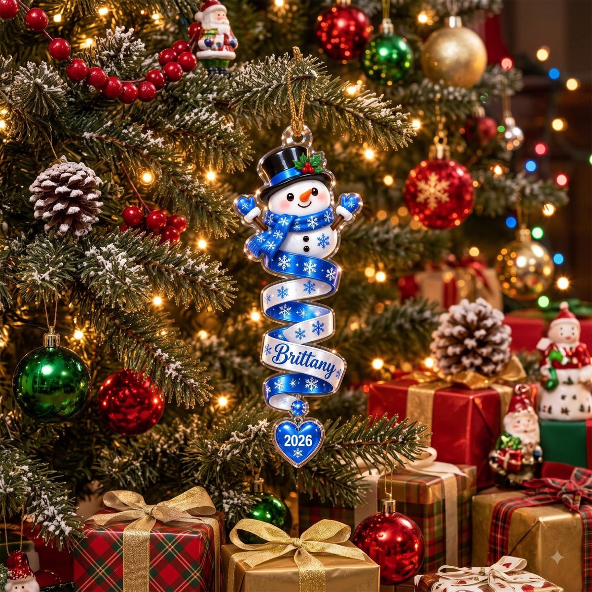 Snowman Blue Spiral Ribbon Heart Acrylic Ornament - Acrylic Christmas Ornament, detail view