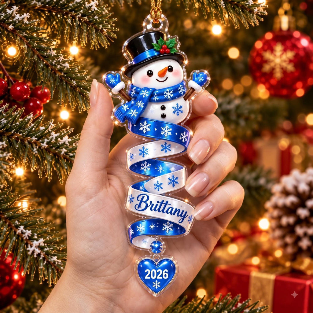 Snowman Blue Spiral Ribbon Heart Acrylic Ornament - Acrylic Christmas Ornament, styled in the home