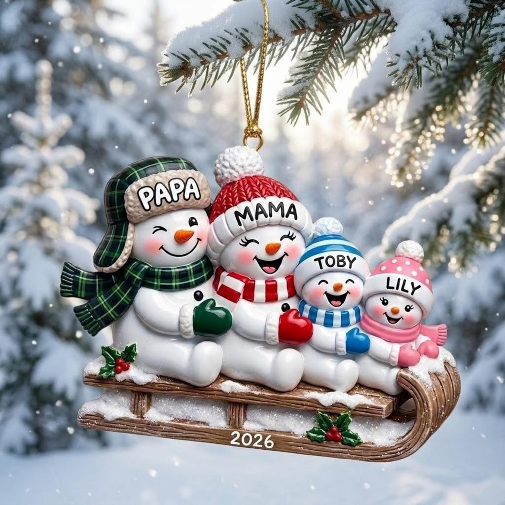 Snowman Family on Christmas Sled Acrylic Ornament - Acrylic Christmas Ornament, front view