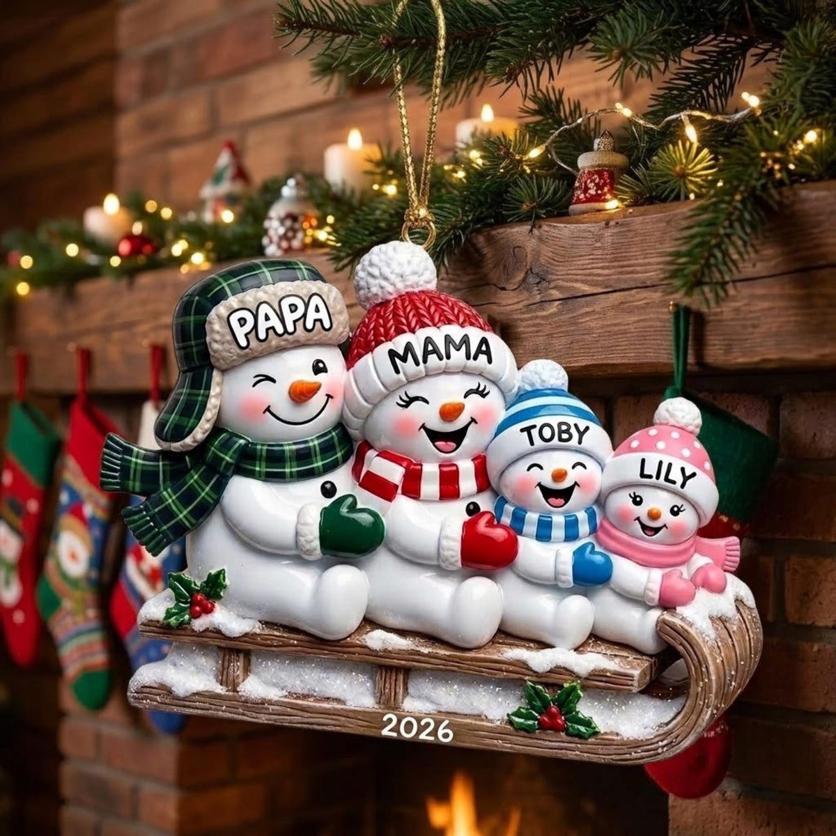 Snowman Family on Christmas Sled Acrylic Ornament - Acrylic Christmas Ornament, detail view