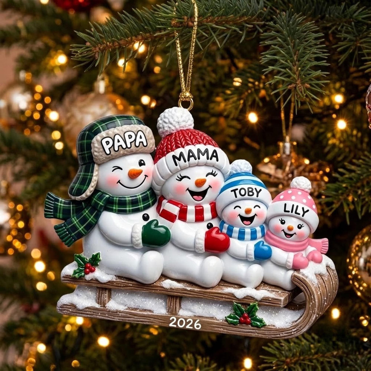 Snowman Family on Christmas Sled Acrylic Ornament - Acrylic Christmas Ornament, styled in the home