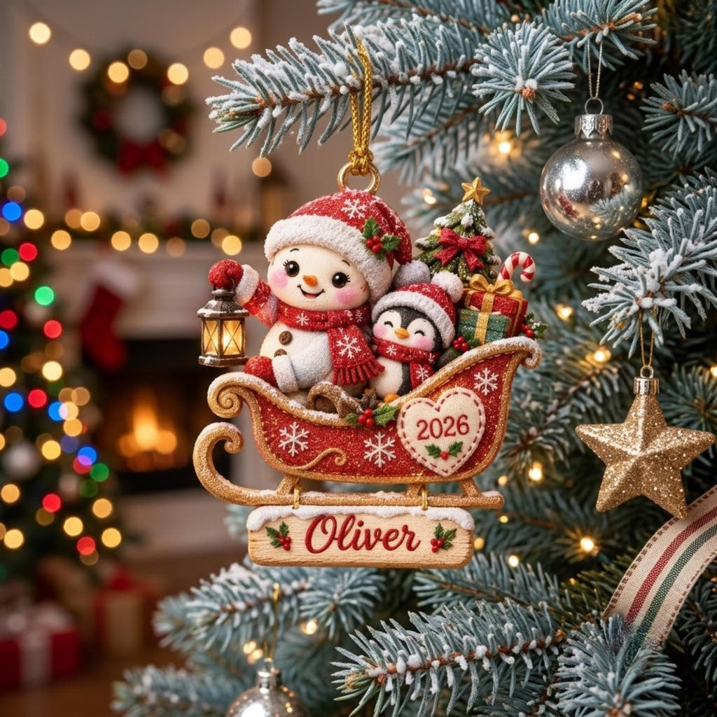 Snowman Penguin Christmas Sleigh Acrylic Ornament - Acrylic Christmas Ornament, front view
