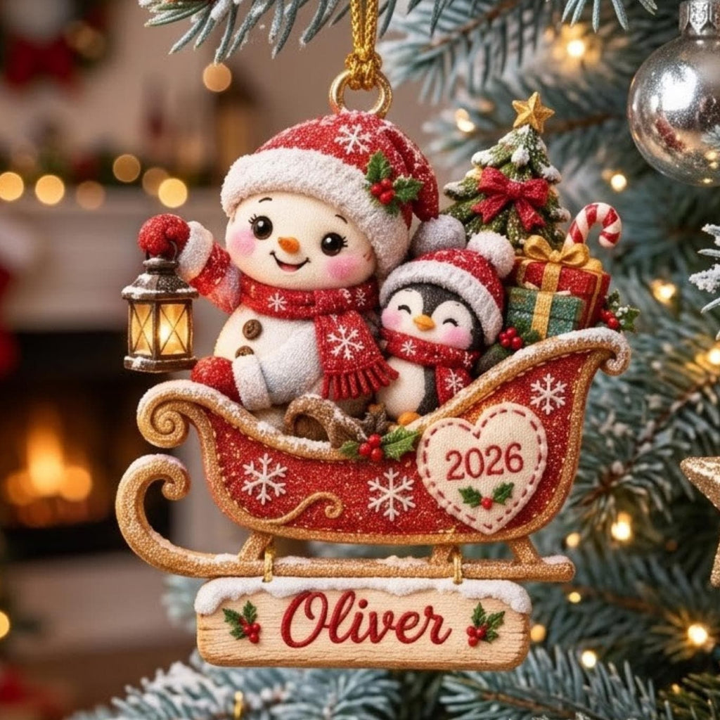 Snowman Penguin Christmas Sleigh Acrylic Ornament - Acrylic Christmas Ornament, detail view