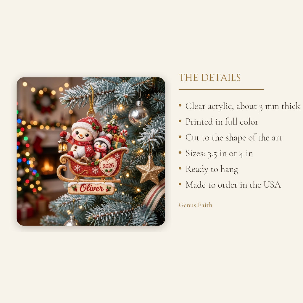 Snowman Penguin Christmas Sleigh Acrylic Ornament - Acrylic Christmas Ornament, styled in the home