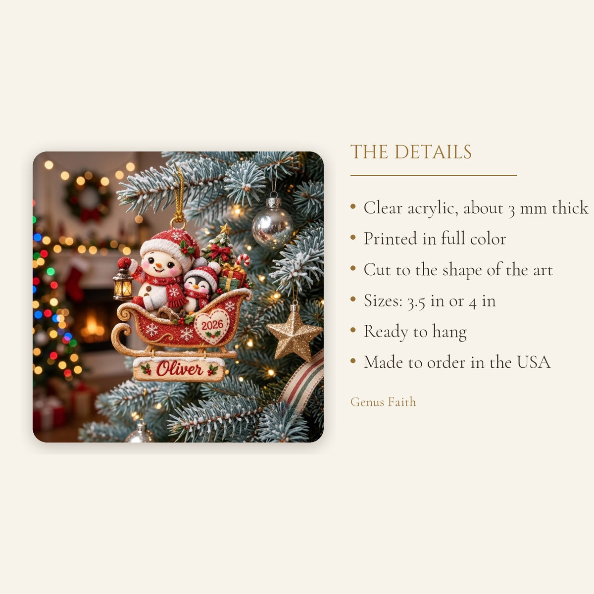 Snowman Penguin Christmas Sleigh Acrylic Ornament - Acrylic Christmas Ornament, styled in the home