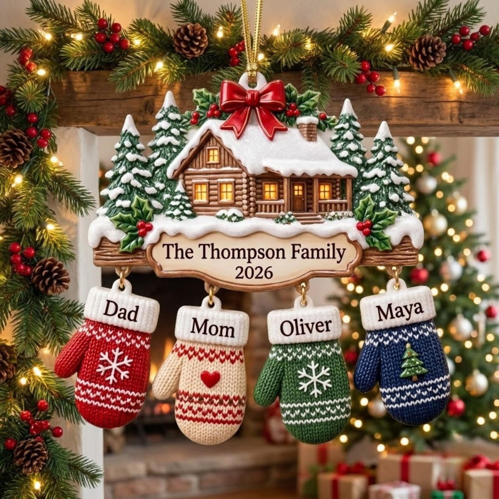 Snowy Cabin Family Mittens Christmas Acrylic Ornament - Acrylic Christmas Ornament, front view