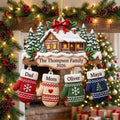 Snowy Cabin Family Mittens Christmas Acrylic Ornament - Acrylic Christmas Ornament, front view