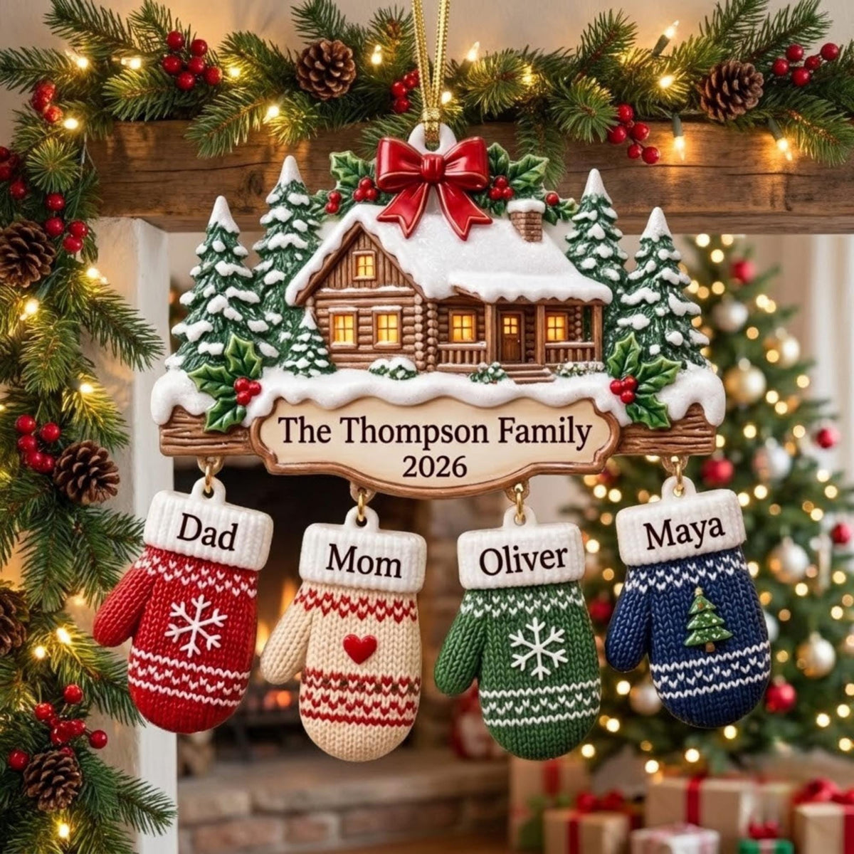 Snowy Cabin Family Mittens Christmas Acrylic Ornament - Acrylic Christmas Ornament, front view