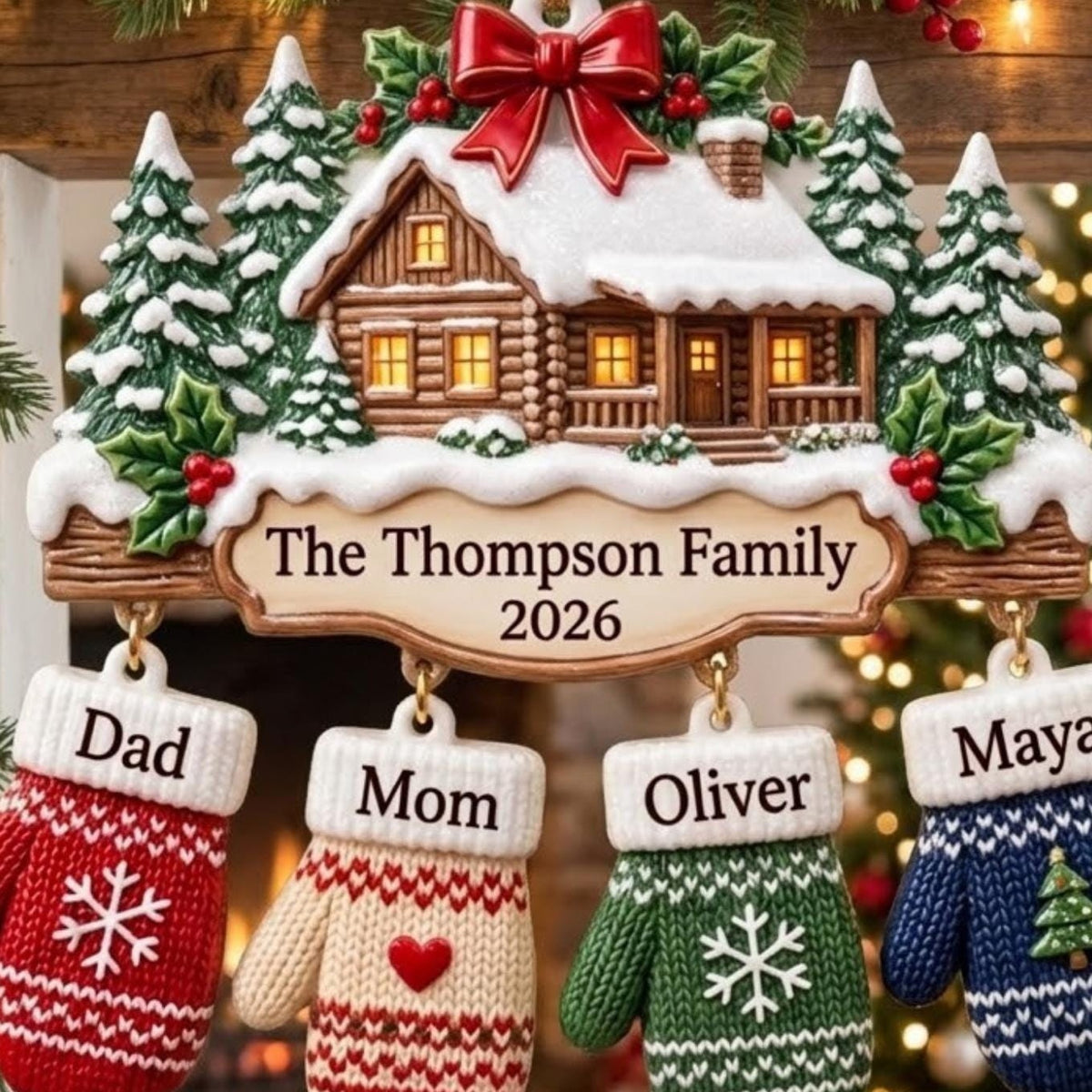 Snowy Cabin Family Mittens Christmas Acrylic Ornament - Acrylic Christmas Ornament, styled in the home