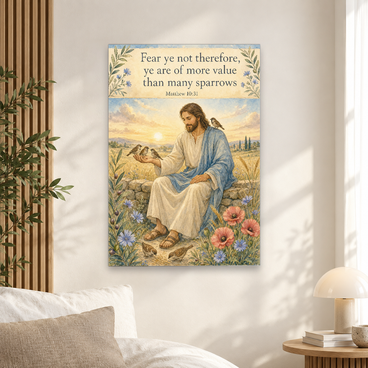 Sparrows at Dawn Canvas Wall Art - Christian Wall Art, scale reference
