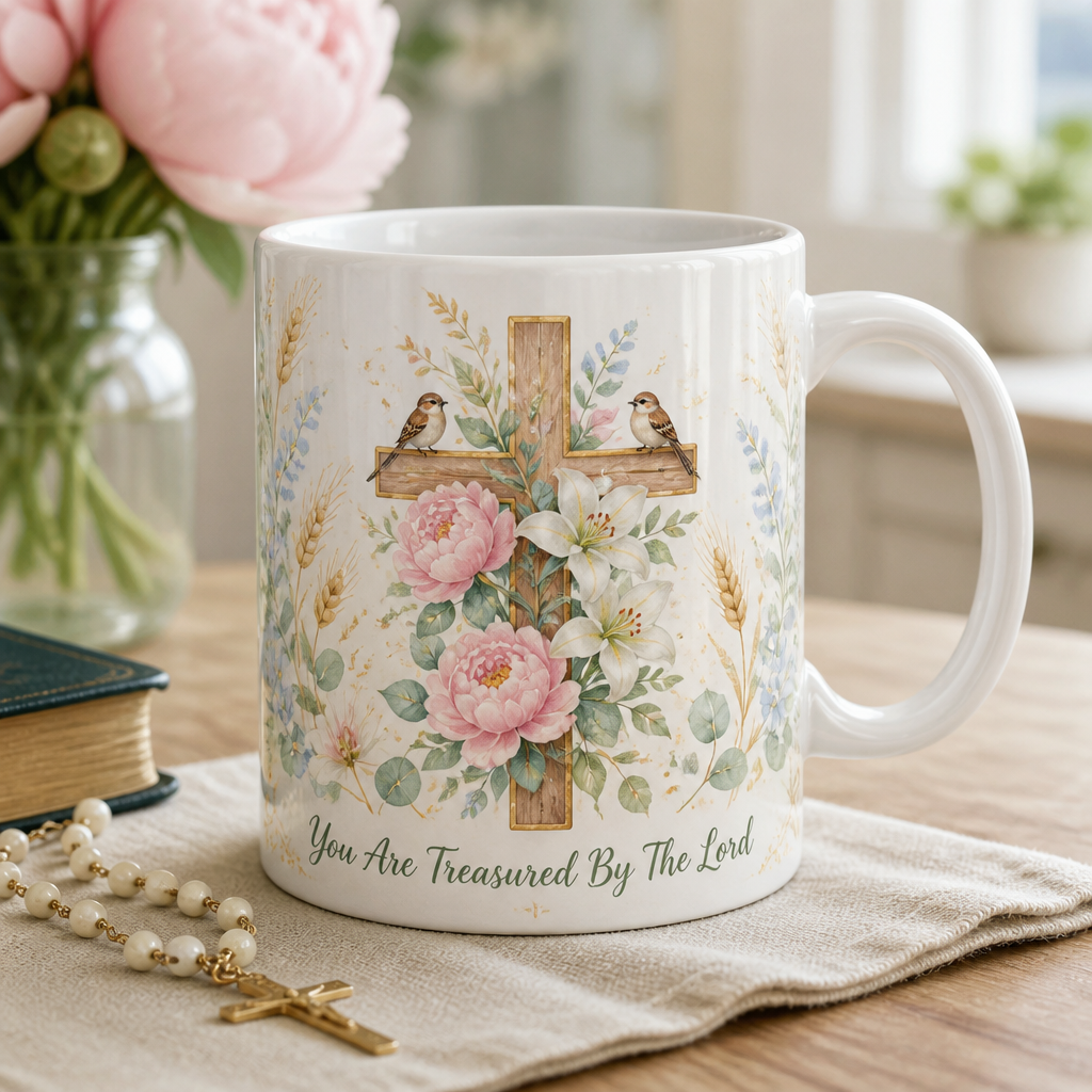 Sparrows On The Cross Ceramic Mug - Christian Coffee Mug, front view
