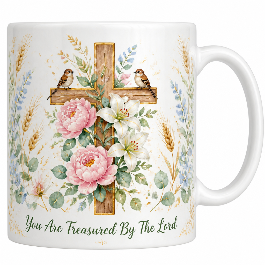 Sparrows On The Cross Ceramic Mug - Christian Coffee Mug, detail view