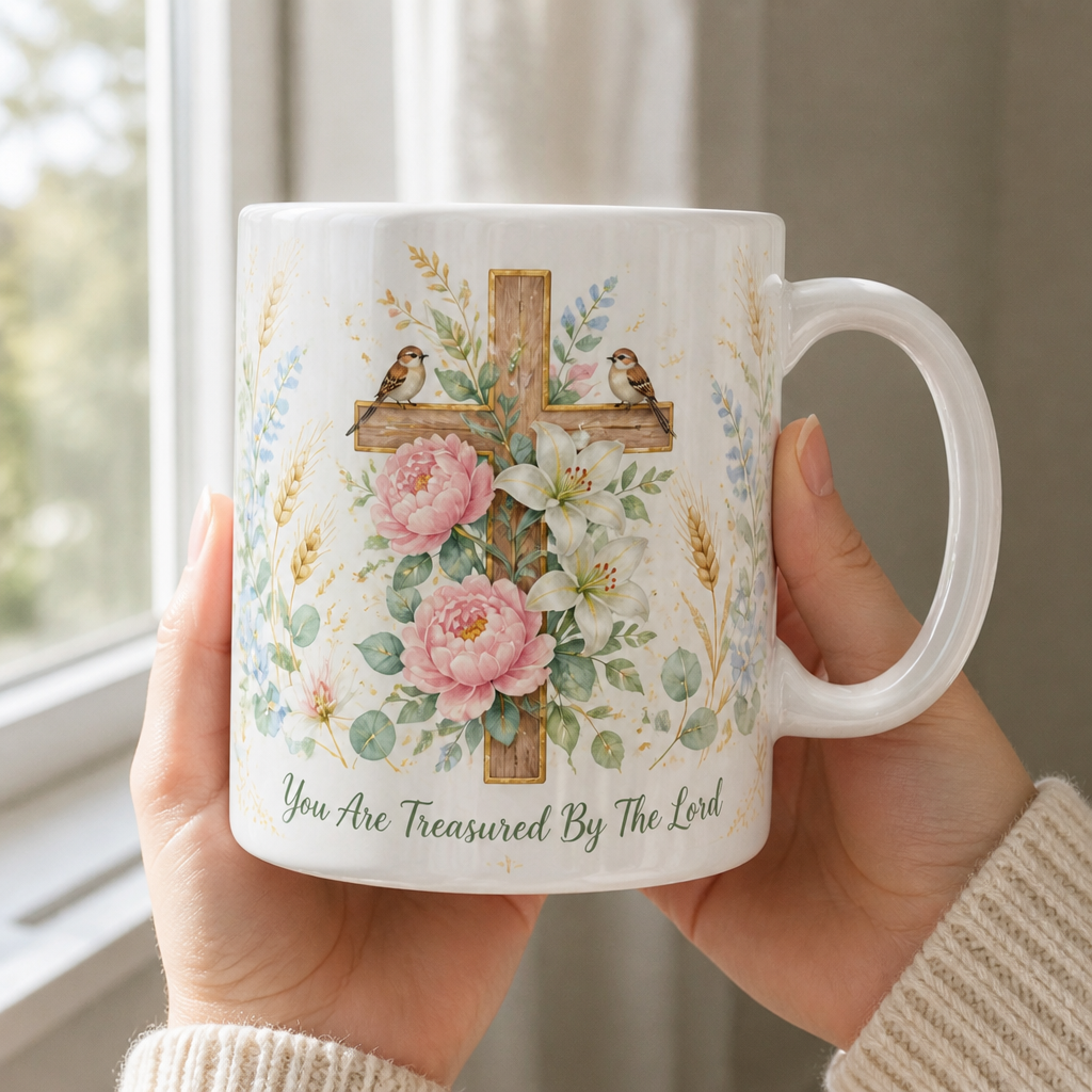 Sparrows On The Cross Ceramic Mug - Christian Coffee Mug, styled in the home