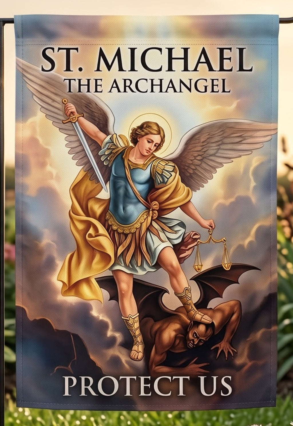 St. Michael Protect Us Garden Flag - Christian Garden Flag, detail view