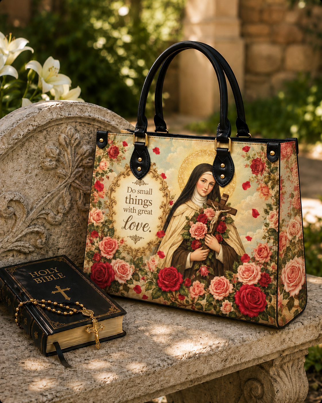 St. Thérèse of the Child Jesus PU Leather Handbag - Christian Handbag, close-up of the print