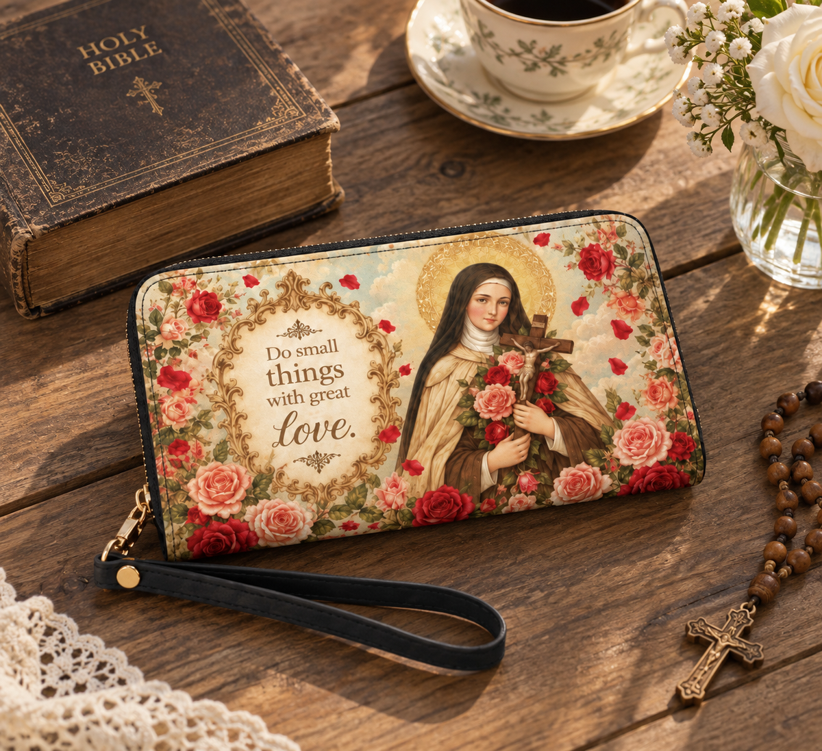 St. Thérèse of the Child Jesus PU Leather Wallet - Christian Wallet, close-up of the print