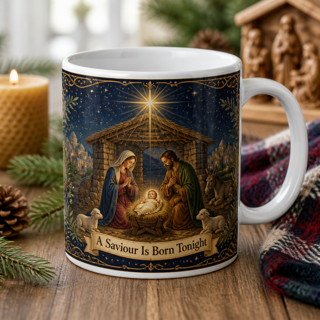 Star Over Bethlehem Ceramic Mug - Christian Coffee Mug, front view
