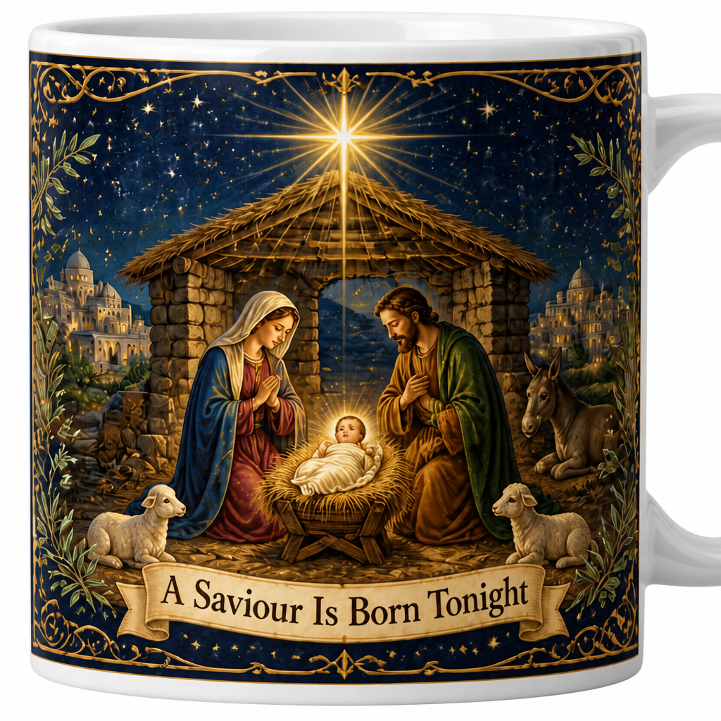 Star Over Bethlehem Ceramic Mug - Christian Coffee Mug, detail view