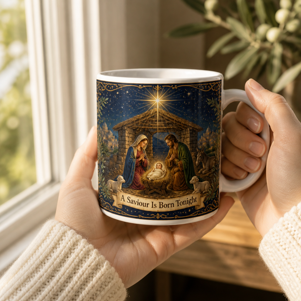 Star Over Bethlehem Ceramic Mug - Christian Coffee Mug, styled in the home
