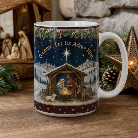 Starlight Over Bethlehem Ceramic Mug - Christian Coffee Mug, front view