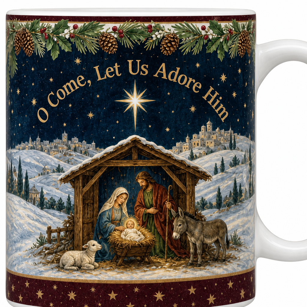 Starlight Over Bethlehem Ceramic Mug - Christian Coffee Mug, detail view