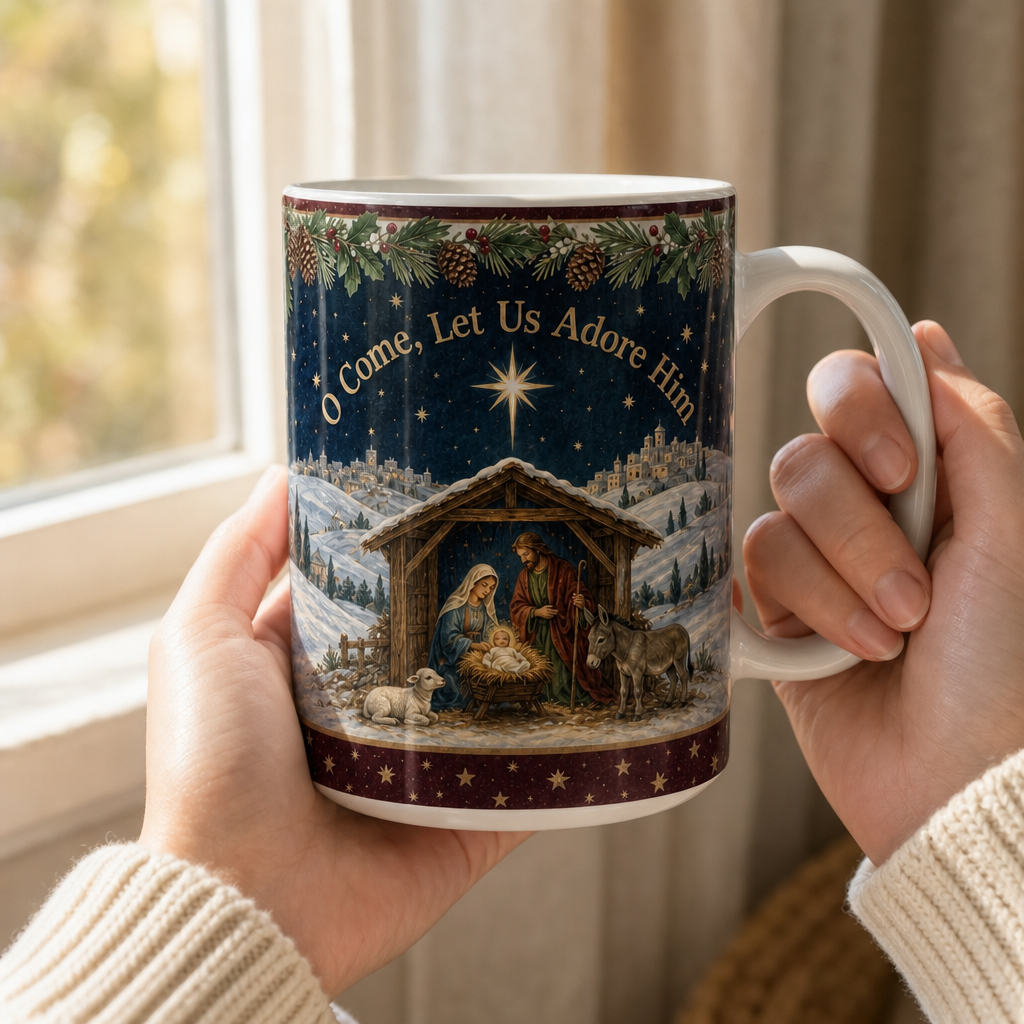 Starlight Over Bethlehem Ceramic Mug - Christian Coffee Mug, styled in the home