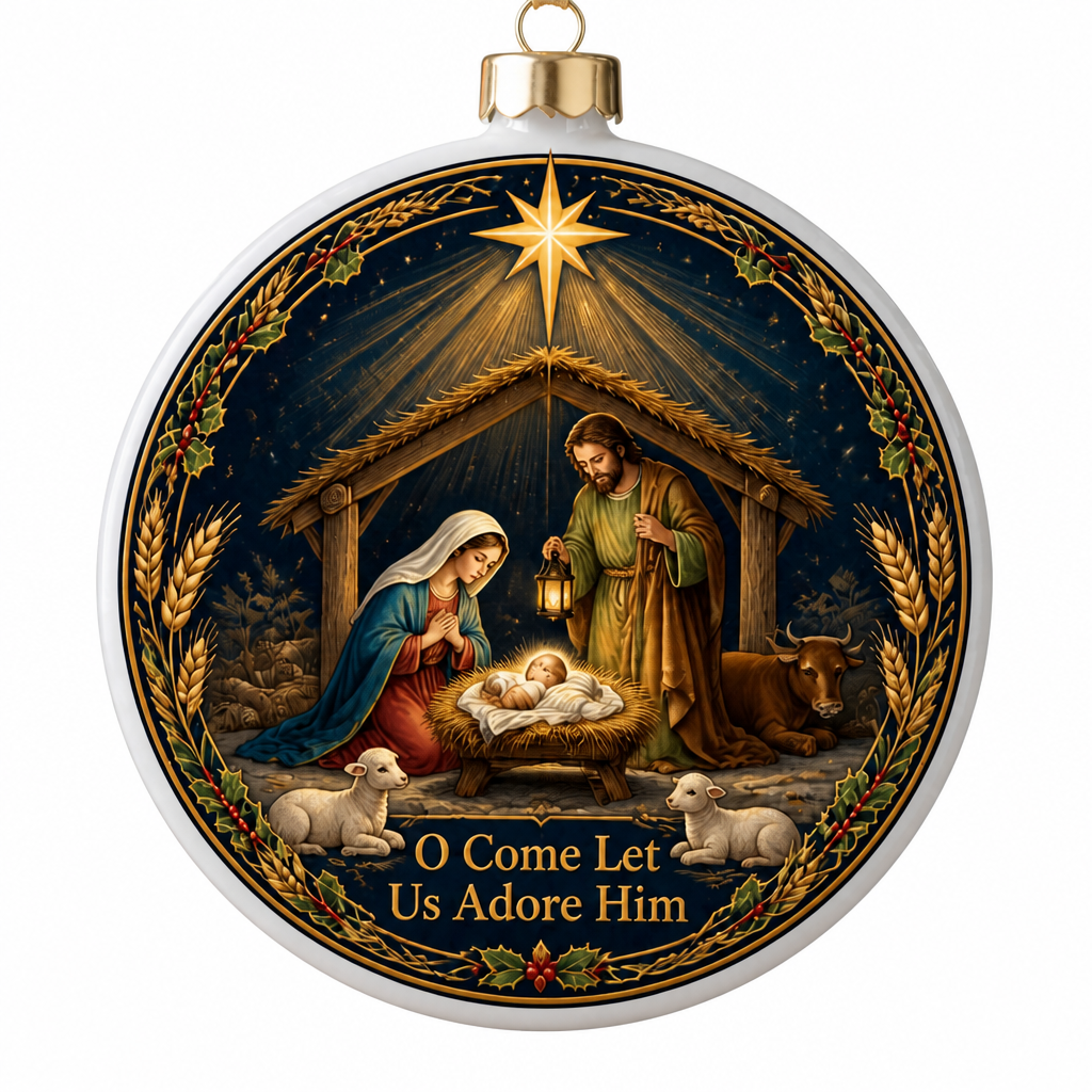 Starlight Over Bethlehem Ceramic Ornament - Christian Christmas Ornament, detail view