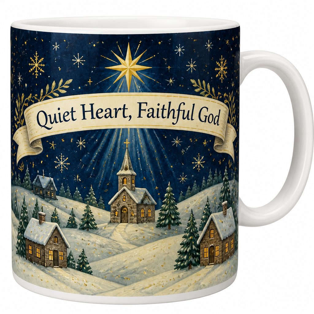 Starlight Over The Chapel Ceramic Mug - Christian Coffee Mug, detail view