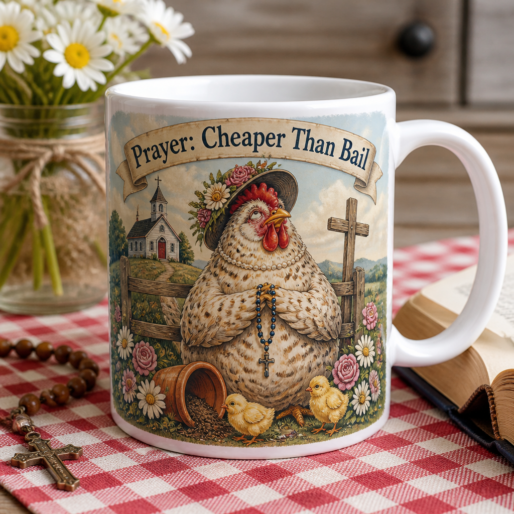Sunday Hat Hen Ceramic Mug - Christian Coffee Mug, front view